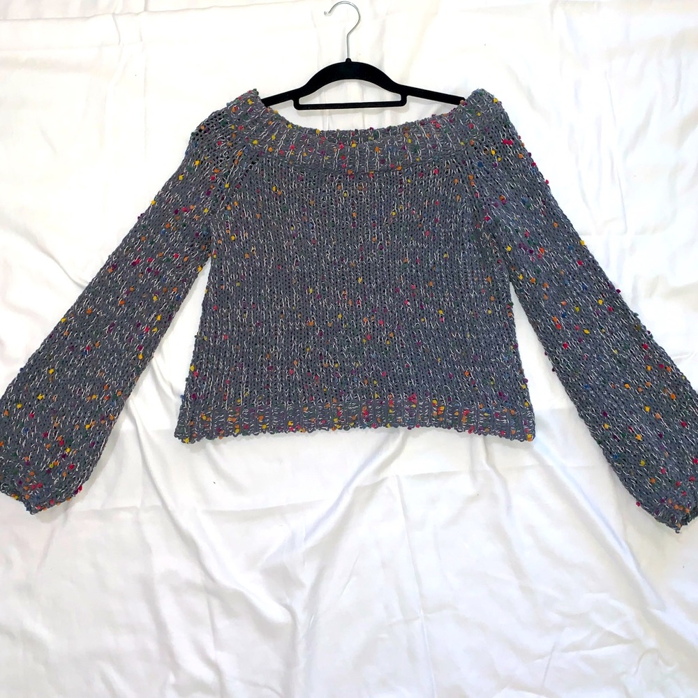 gray off the shoulder sweater with colored spots!